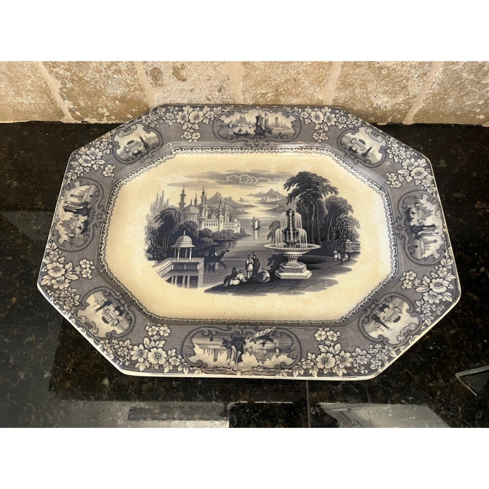 Antique 1840's Staffordshire J E & Co Medina Rare Navy Blue Ironstone Platter